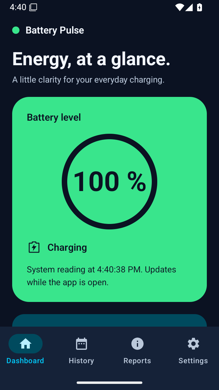 Battery Pulse dark dashboard with a green battery level indicator