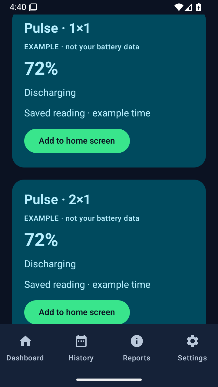 Battery Pulse compact and wide widget previews labeled as examples