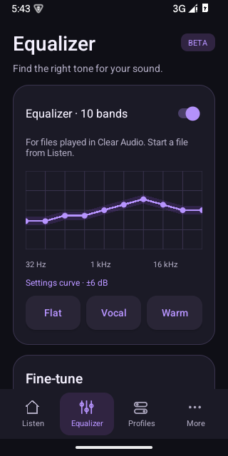 The enabled 10-band equalizer and its selected Vocal curve.