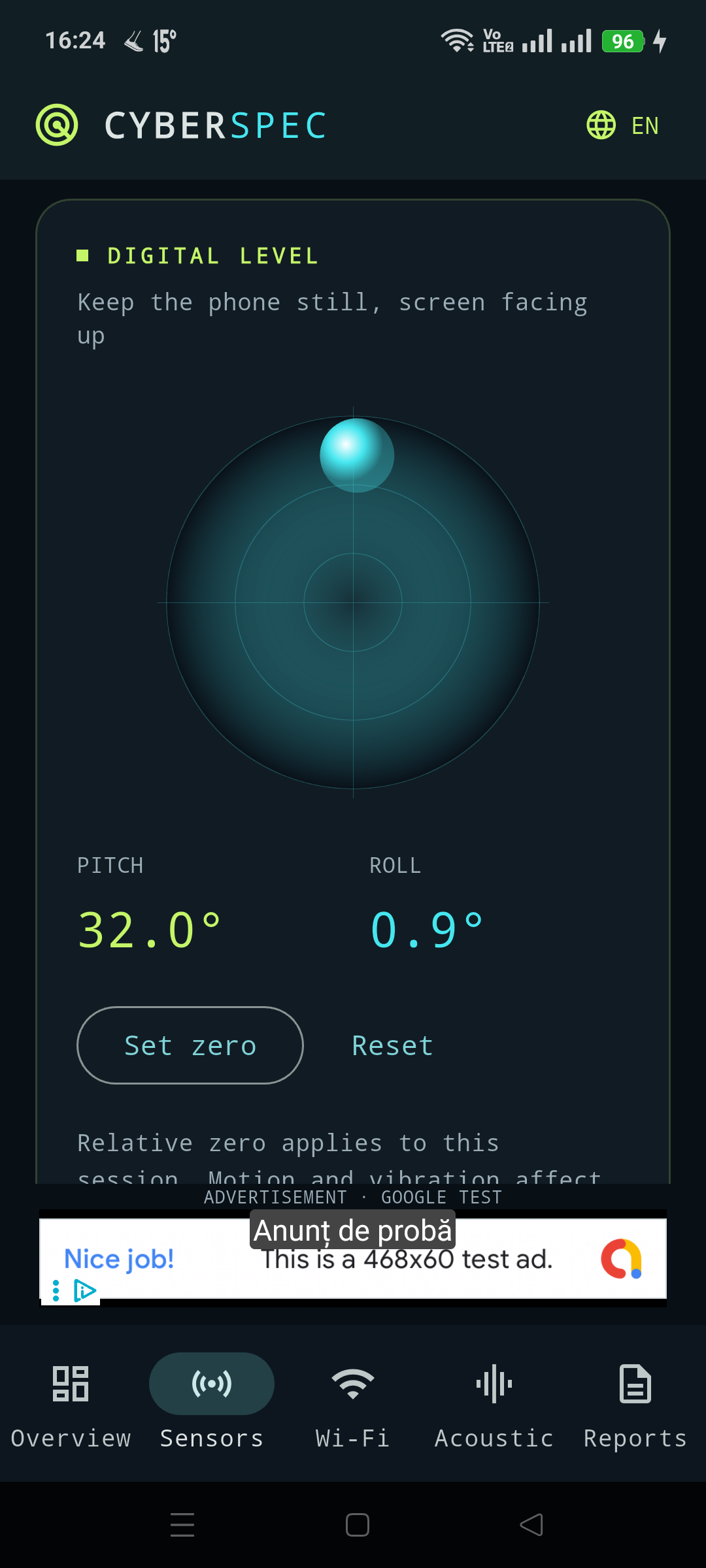 Digital bubble level showing pitch, roll and relative-zero controls