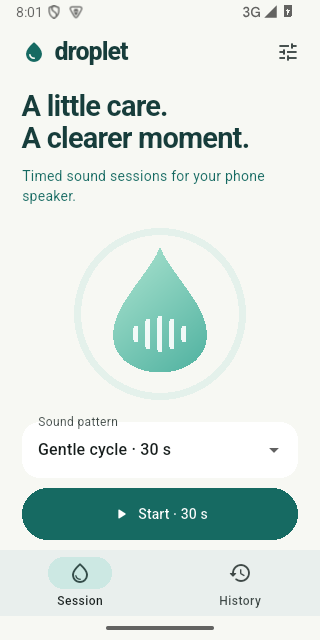 Droplet home screen with a gentle 30-second cycle and Start button