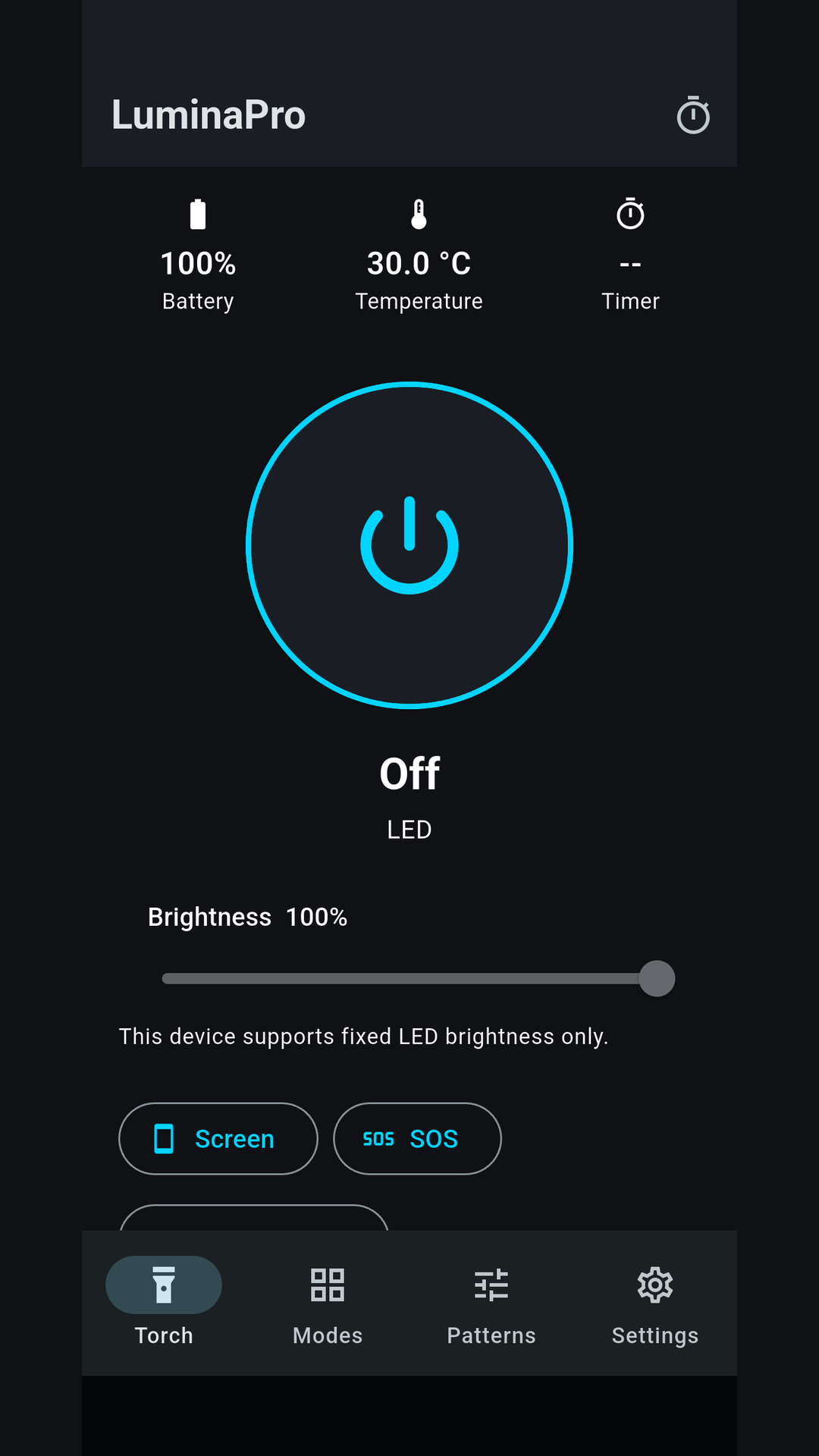 LED torch and lighting controls - actual Android test interface.