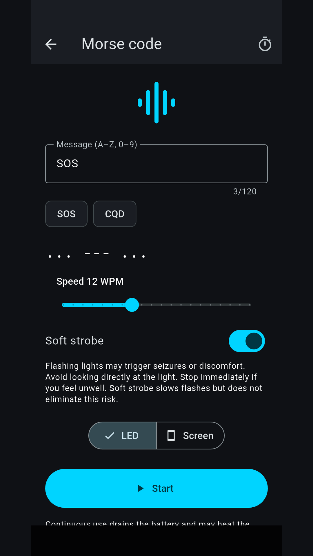 Morse light messages - actual Android test interface.