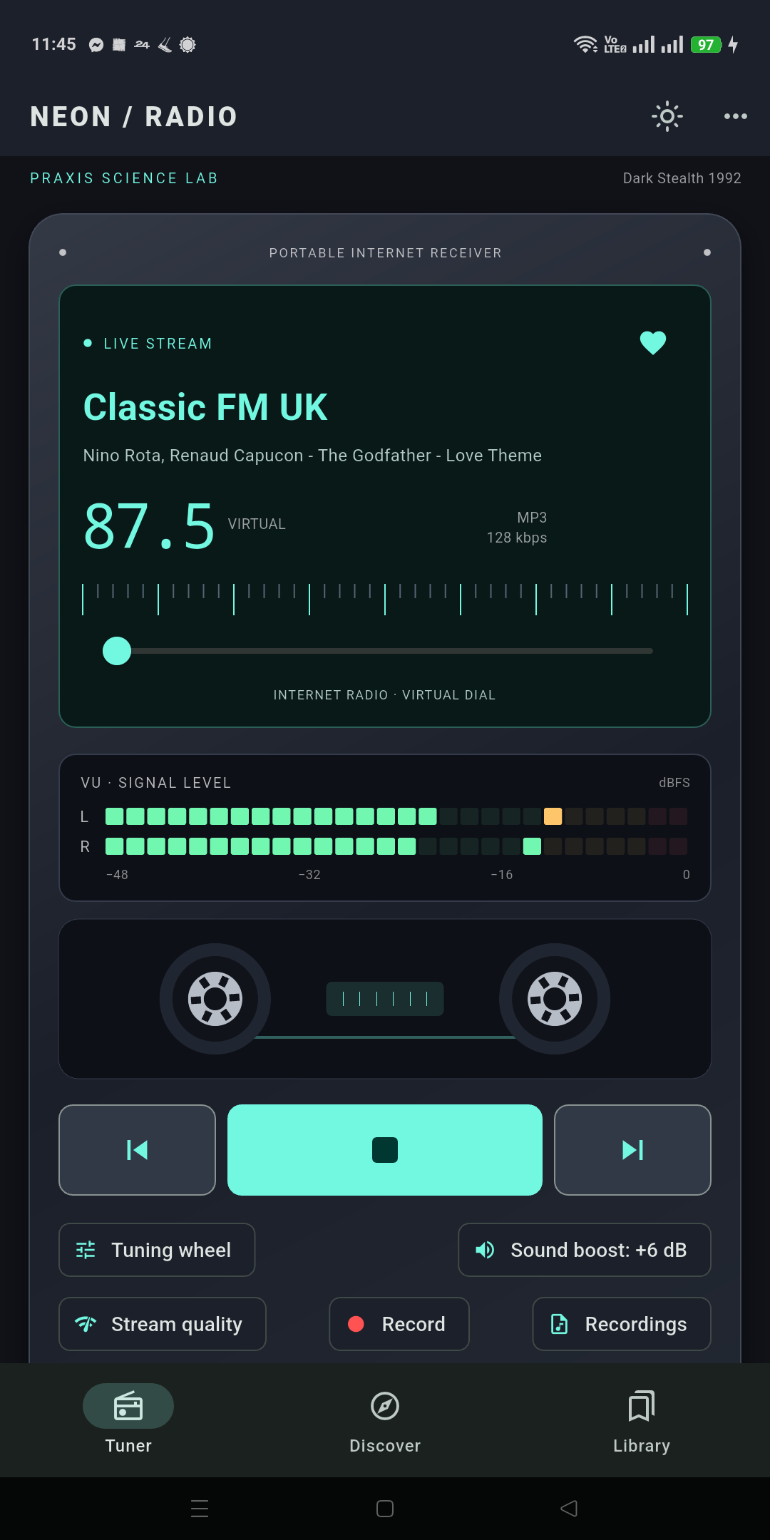 Neon Radio’s retro tuner, live station display and VU meters
