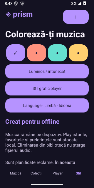 Prism Player appearance settings in Romanian with violet, coral, turquoise and gold palettes