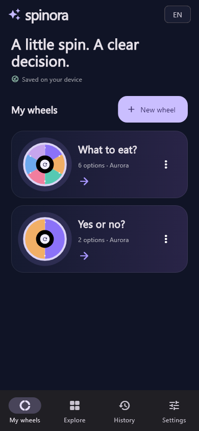 Spinora interface preview with saved decision wheels and navigation for My wheels, Explore, History and Settings.