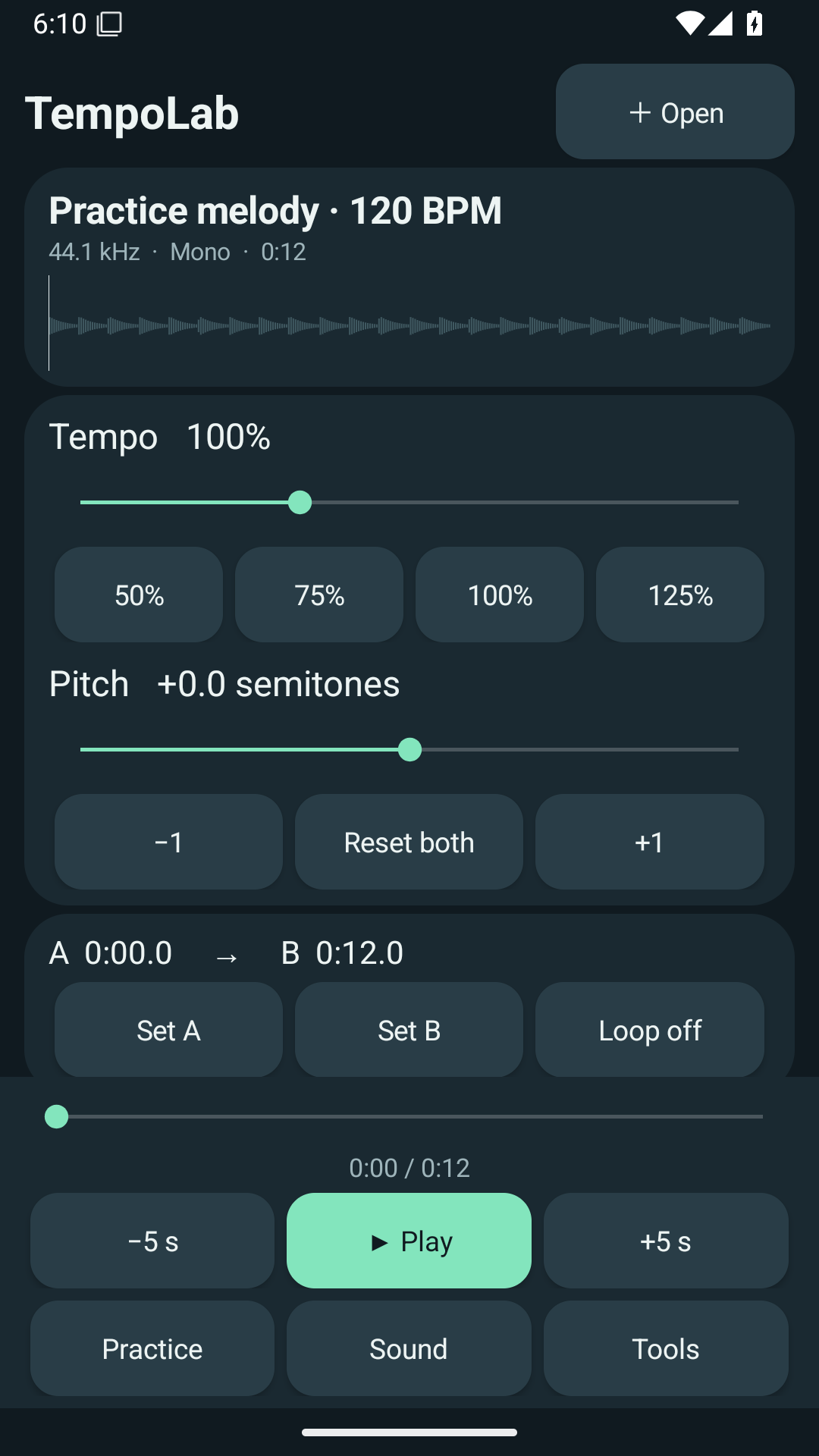 TempoLab main player with tempo, pitch and loop controls