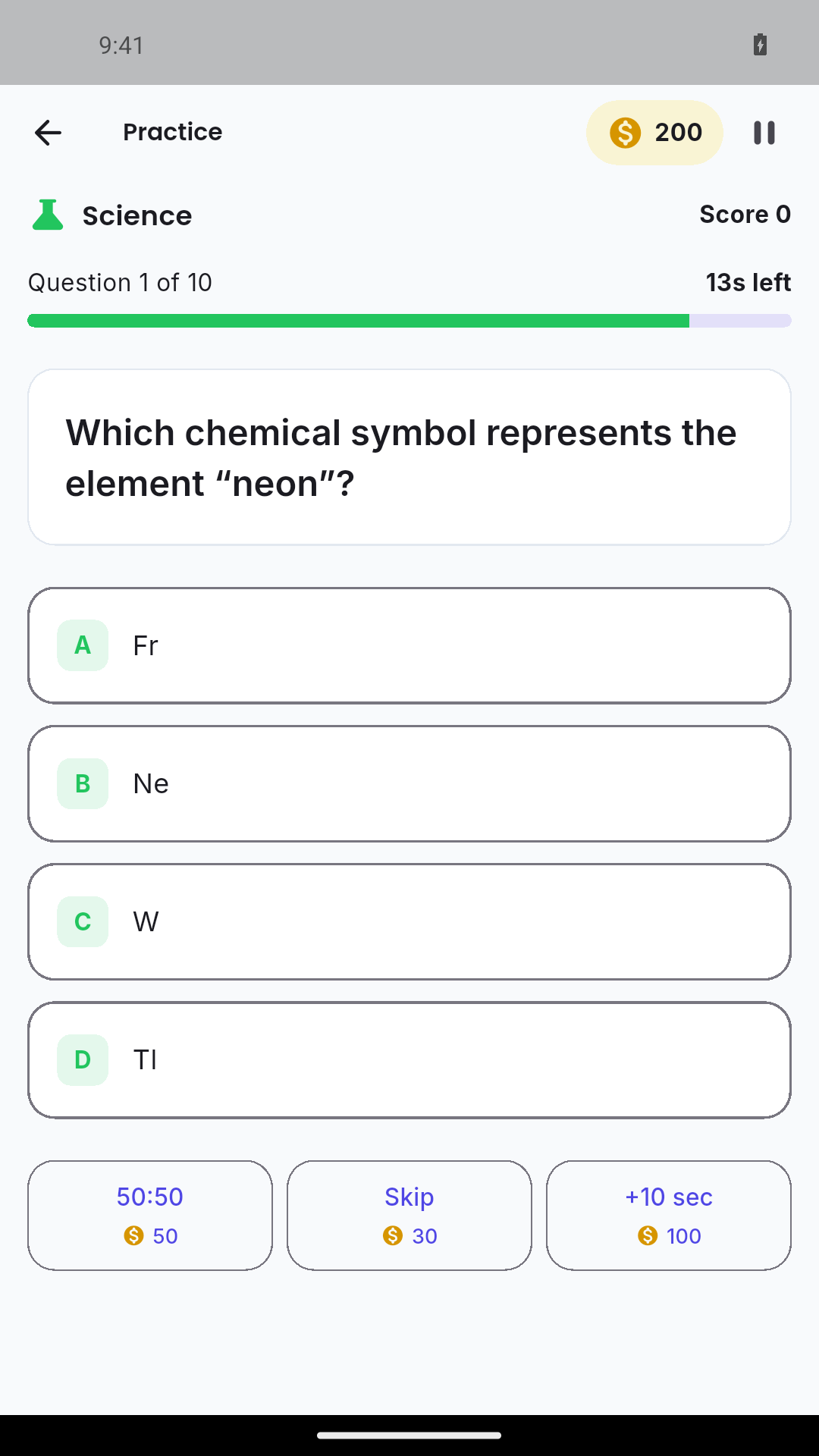 Practice your science knowledge — actual English Android interface.
